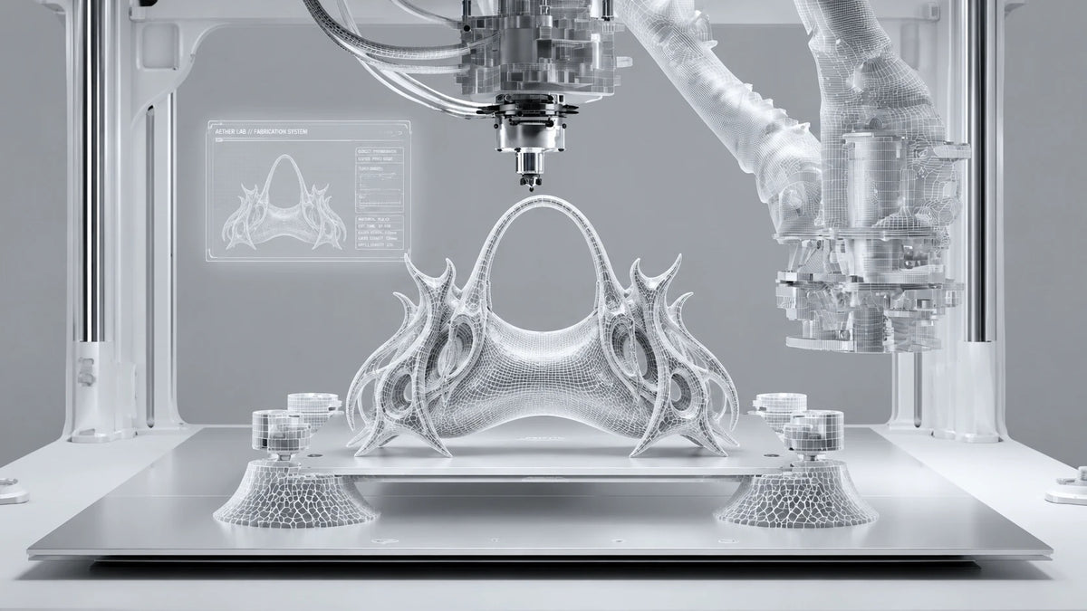 ÆTHER LAB fabrication: a sculptural bag printing on the build plate