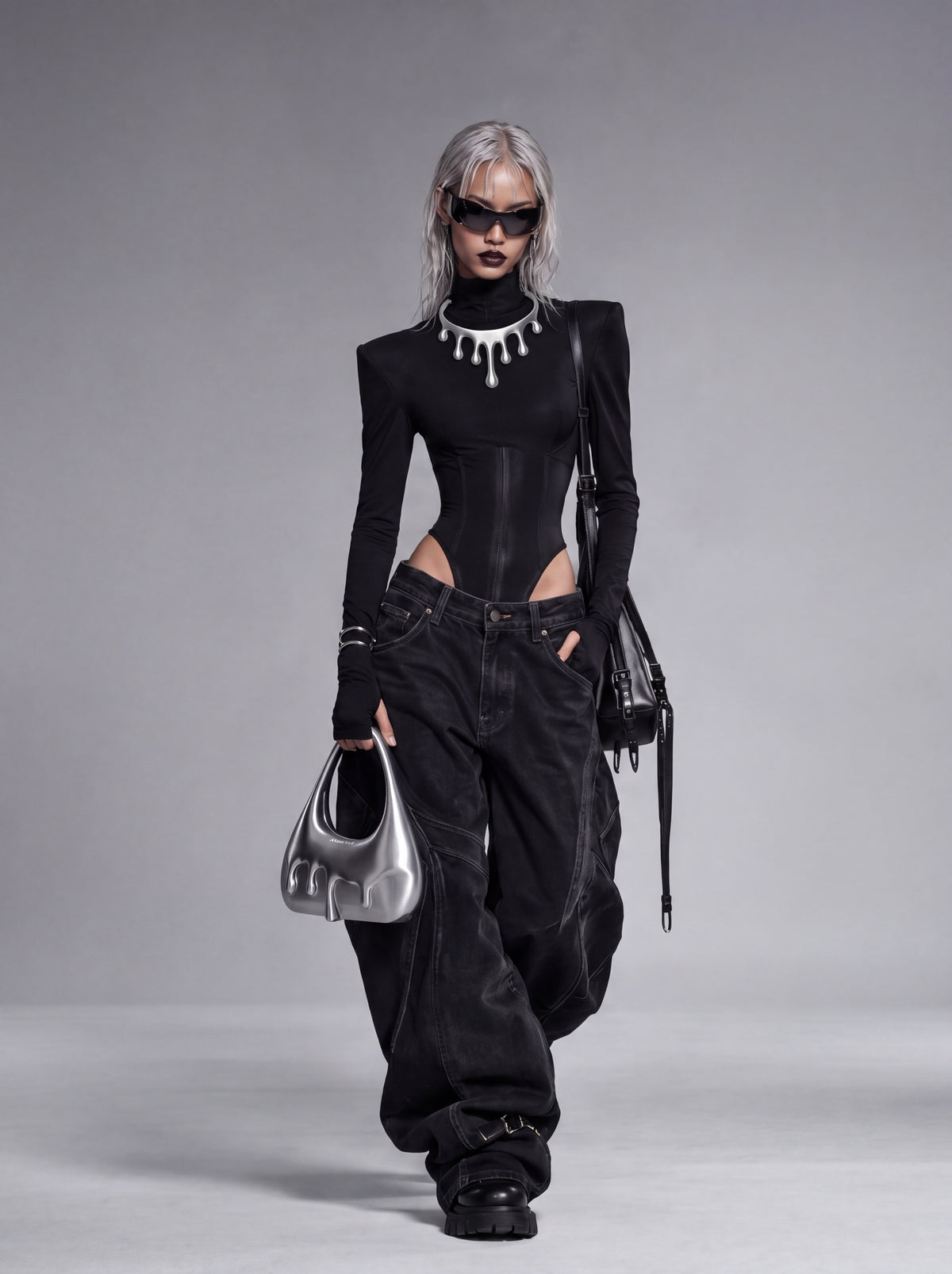 ÆTHER LAB LIQUID CHROME campaign: CASCADE drip necklace and MERCURY bag
