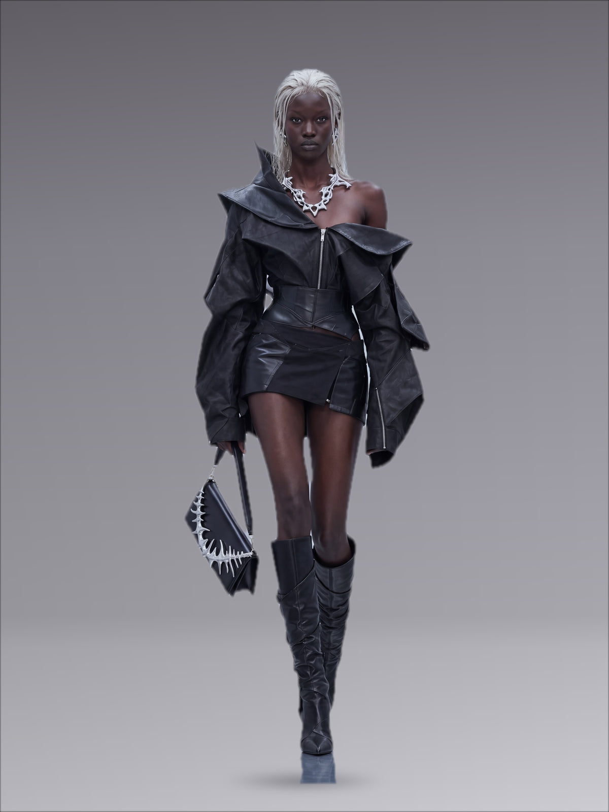 ÆTHER LAB RELIC campaign: spine necklace and FOSSIL clutch on space-grey studio